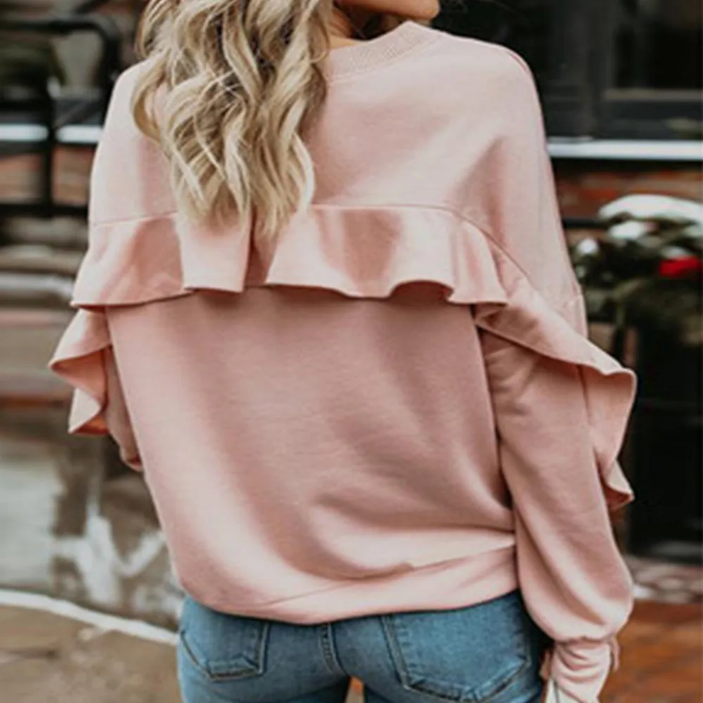 Solid Sweatshirt Round Neck Patchwork Long Sleeve Ruffle Pullover Sweatshirt Wholesale Womens Tops N3824091200003