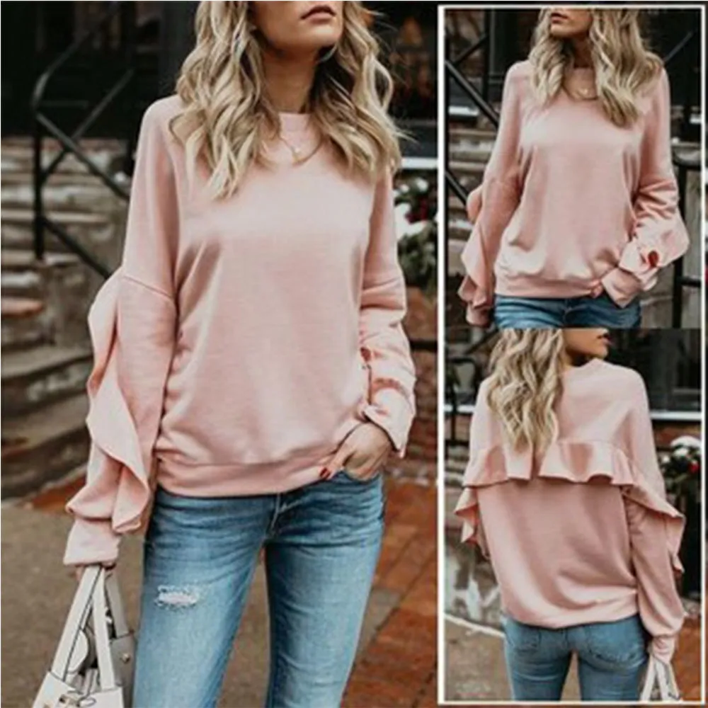 Solid Sweatshirt Round Neck Patchwork Long Sleeve Ruffle Pullover Sweatshirt Wholesale Womens Tops N3824091200003