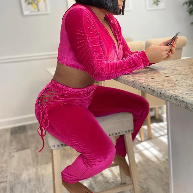 Solid Velvet Long Sleeve Hoodie Top & Pants Set