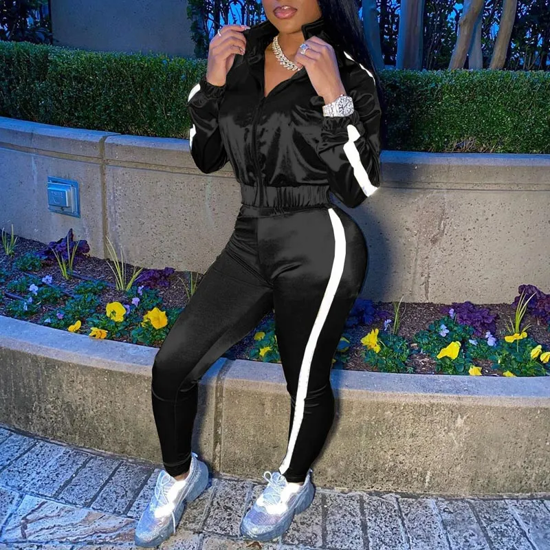 Solid Zipper Design Long Sleeve Top & Pants Set