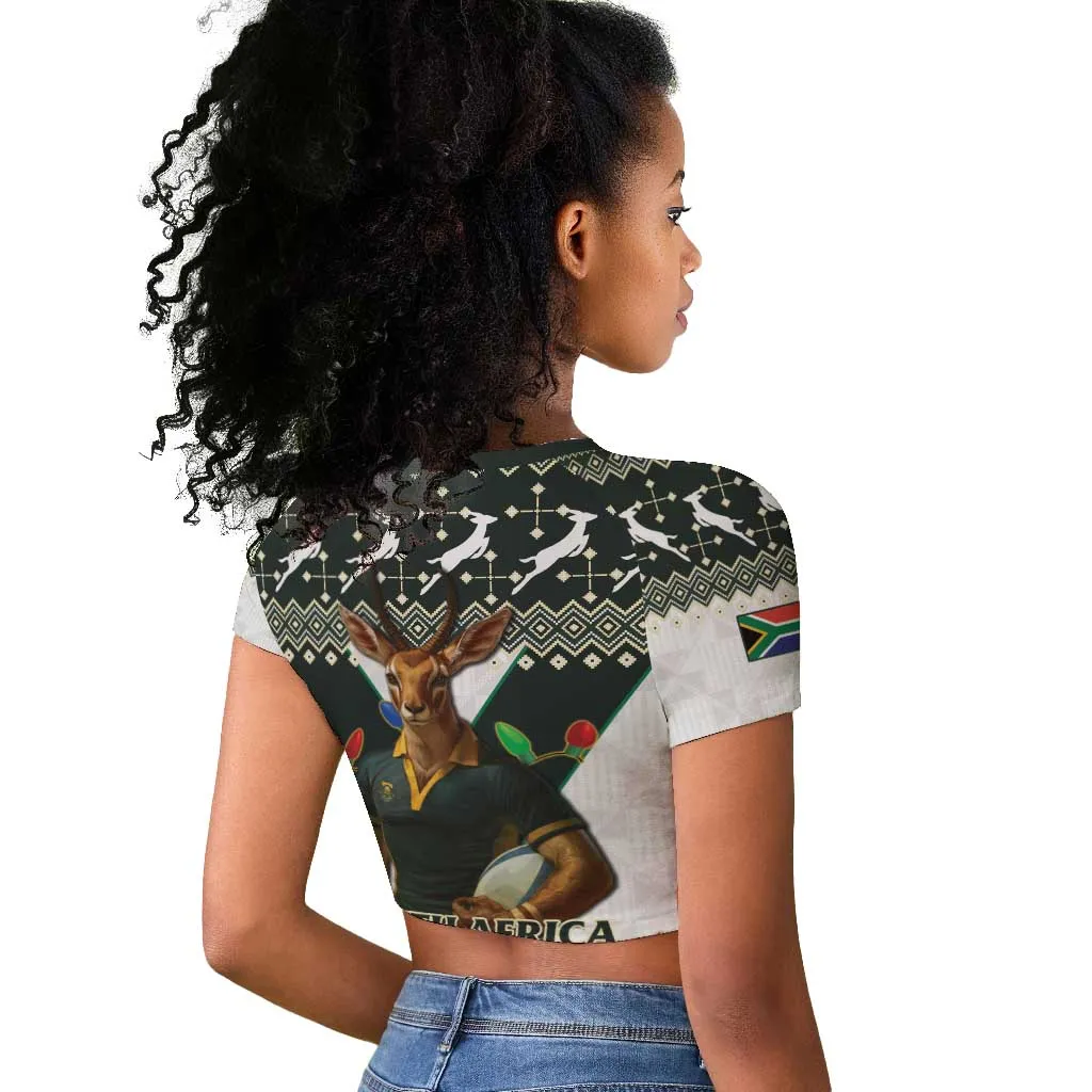 South Africa Christmas Rugby Raglan Cropped T shirt Springboks Mascot Mix African Pattern LT15