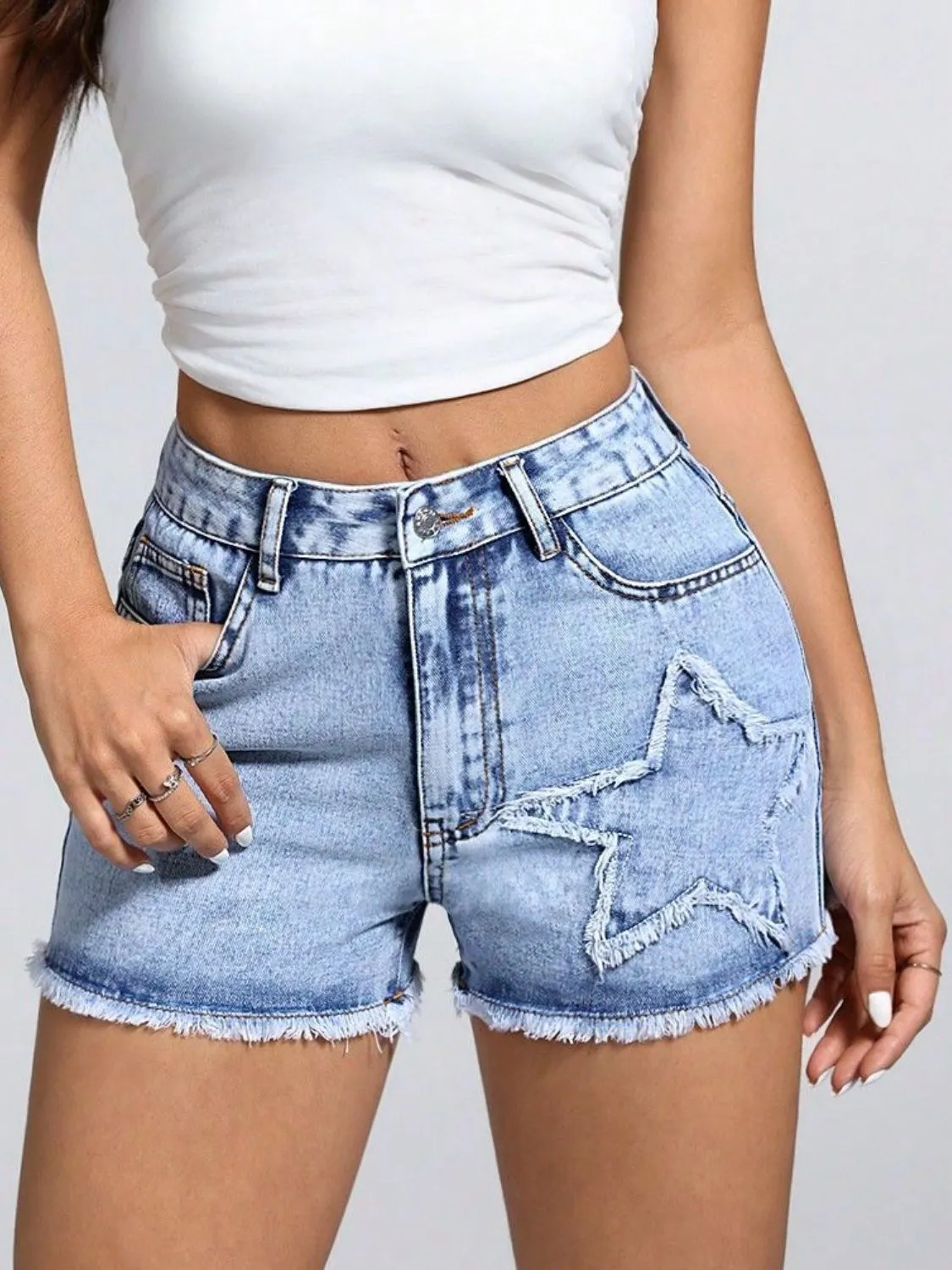 Star Raw Hem Denim Shorts