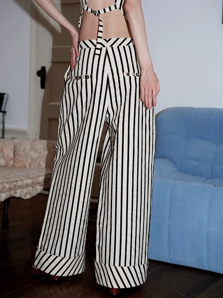Stripe Casual Roll-Up Straight Wide-Pants