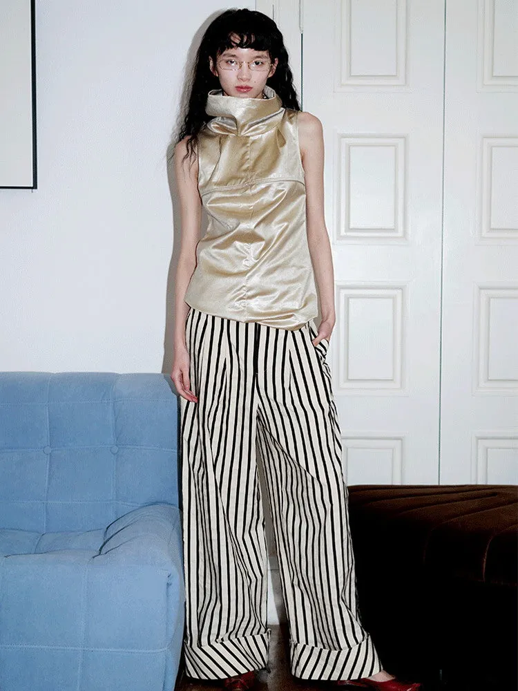 Stripe Casual Roll-Up Straight Wide-Pants