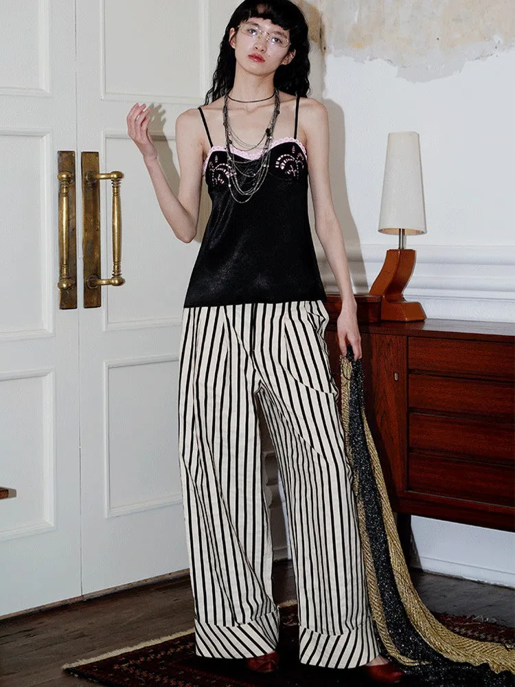Stripe Casual Roll-Up Straight Wide-Pants
