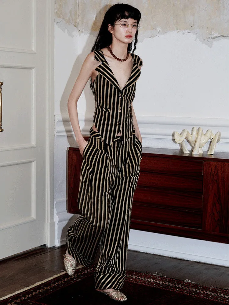 Stripe Casual Roll-Up Straight Wide-Pants