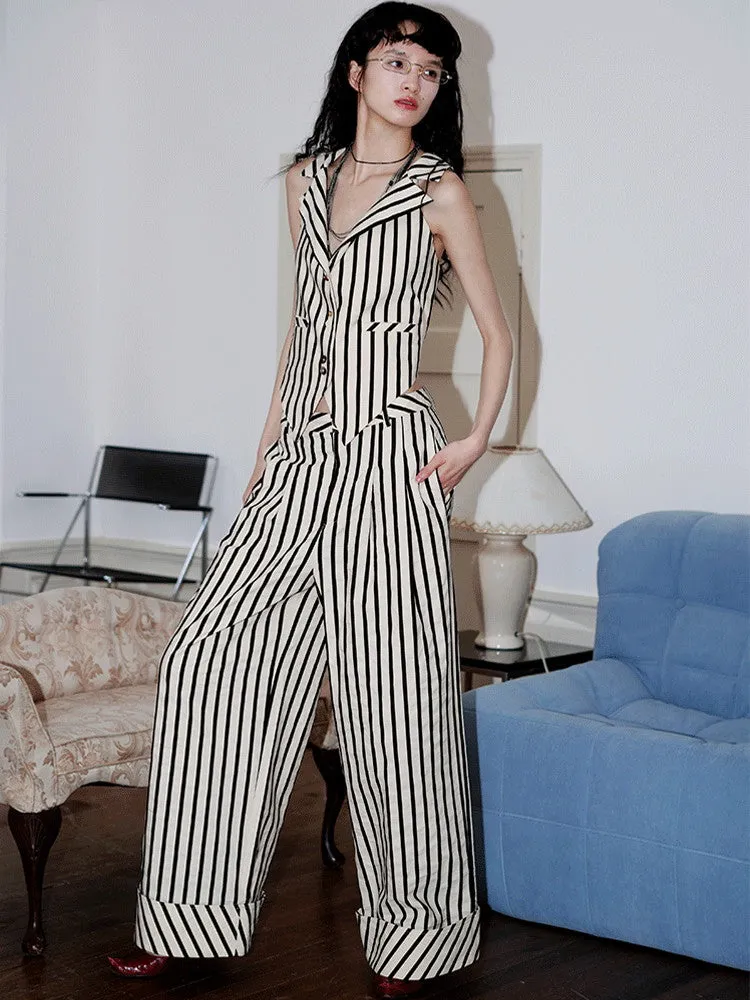 Stripe Casual Roll-Up Straight Wide-Pants