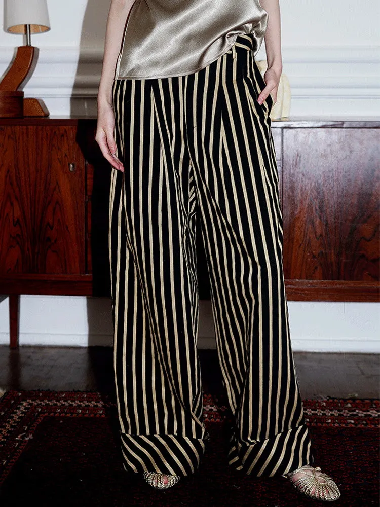 Stripe Casual Roll-Up Straight Wide-Pants
