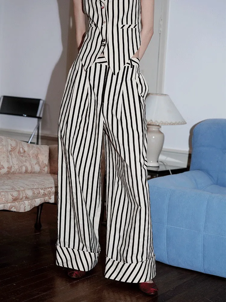 Stripe Casual Roll-Up Straight Wide-Pants