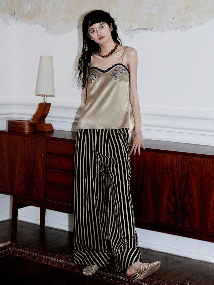 Stripe Casual Roll-Up Straight Wide-Pants
