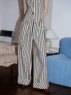 Stripe Casual Roll-Up Straight Wide-Pants