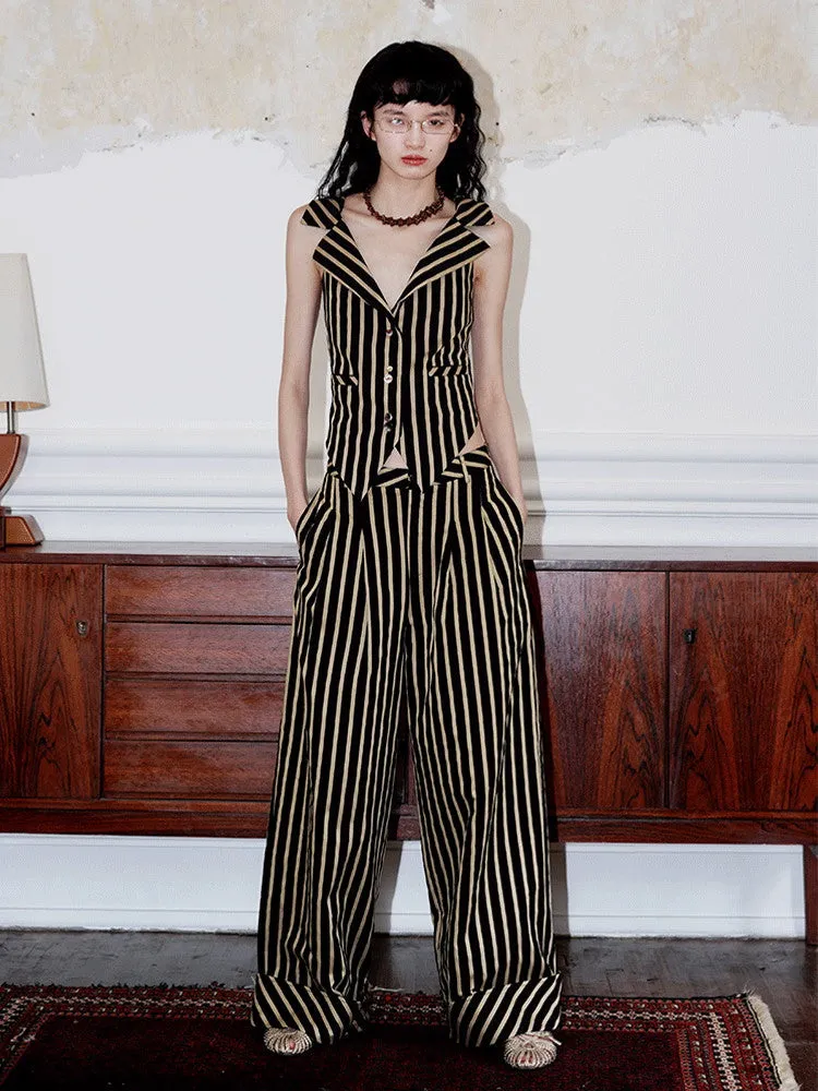 Stripe Casual Roll-Up Straight Wide-Pants