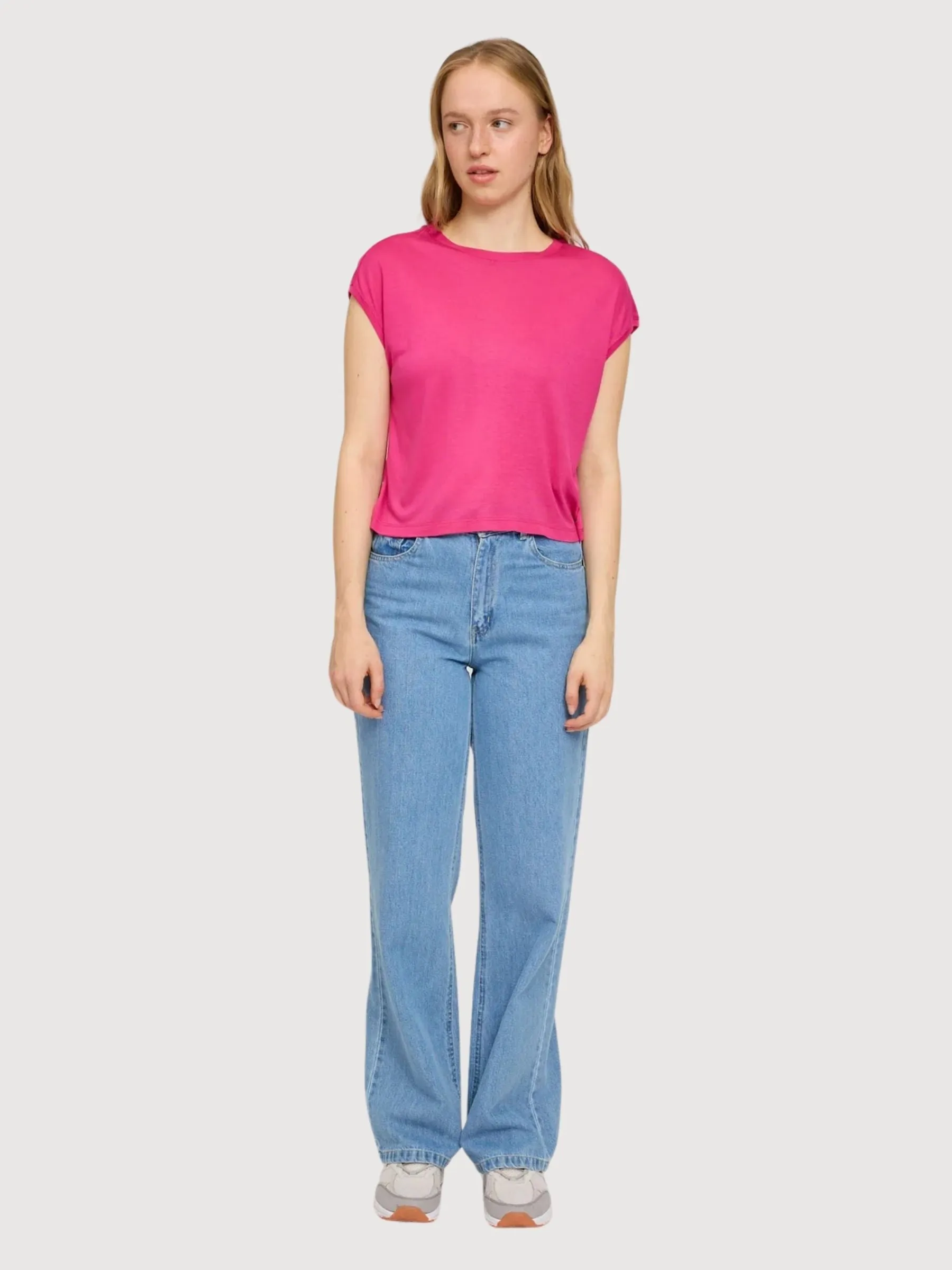 T-Shirt Cropped Loose Pink Woman Linen | Mazine