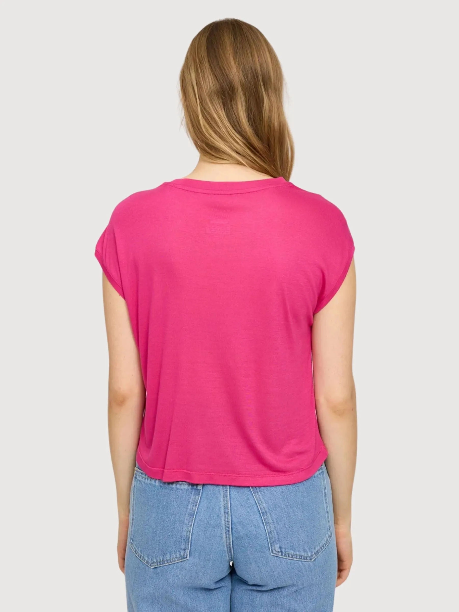 T-Shirt Cropped Loose Pink Woman Linen | Mazine