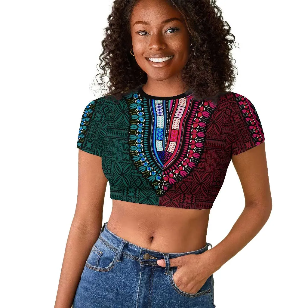Teal-pink Dashiki and Tapa Pattern Raglan Cropped T shirt Africa-Polynesia Together Culture LT9