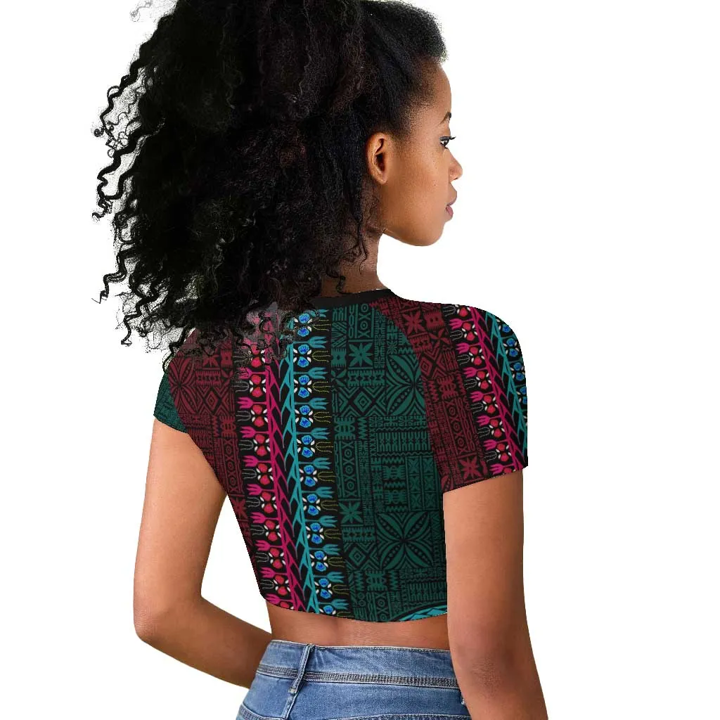 Teal-pink Dashiki and Tapa Pattern Raglan Cropped T shirt Africa-Polynesia Together Culture LT9