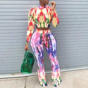 Tie Dye Long Sleeve Crop Top & Pants Set