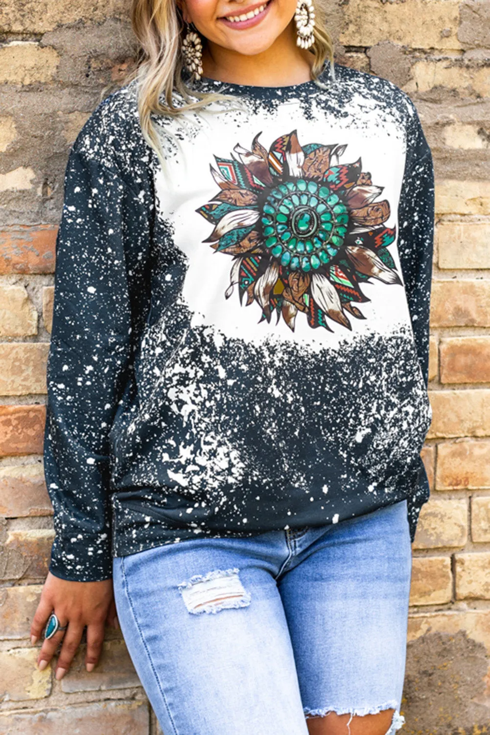 Tie-dyed Sunflower Print Long Sleeve Pullover Sweatshirt