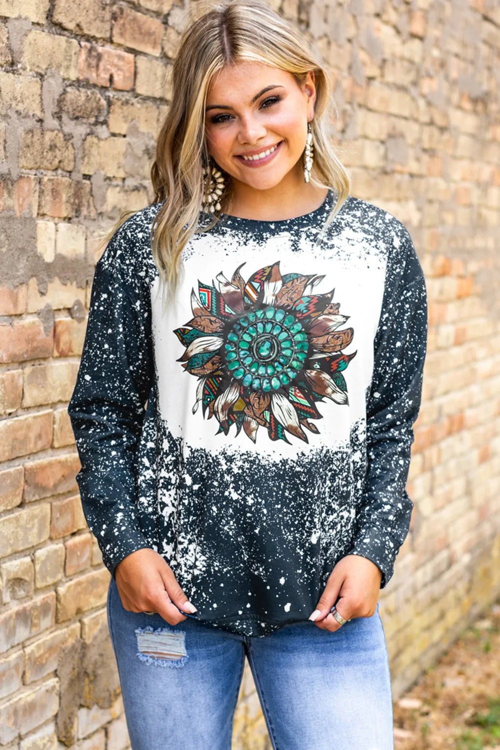 Tie-dyed Sunflower Print Long Sleeve Pullover Sweatshirt