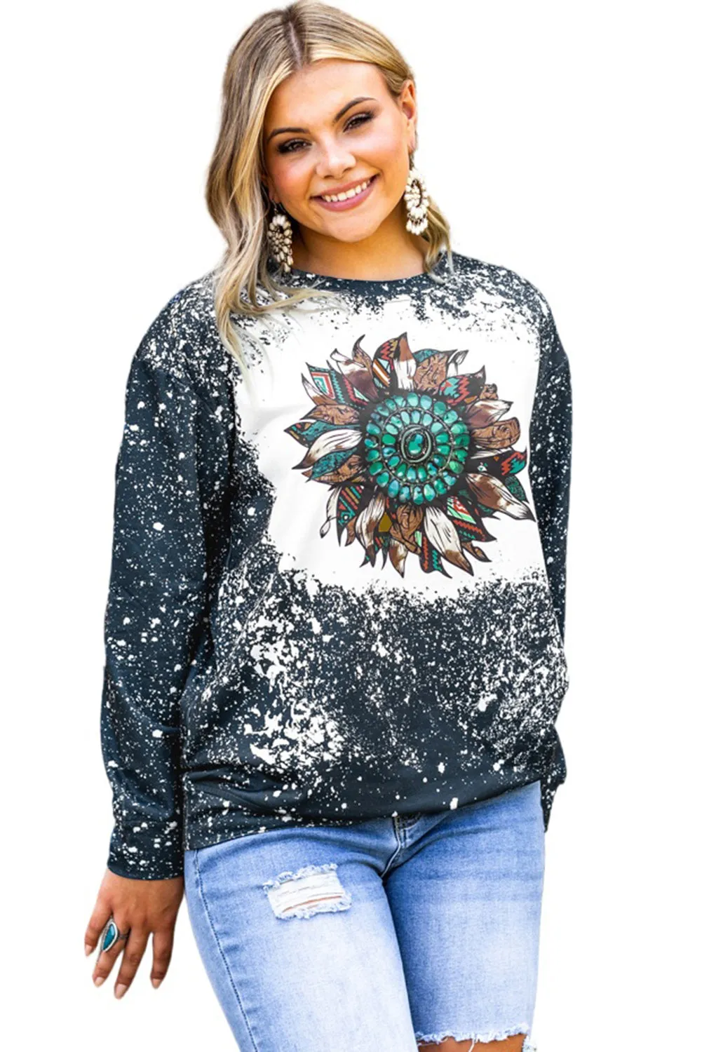 Tie-dyed Sunflower Print Long Sleeve Pullover Sweatshirt