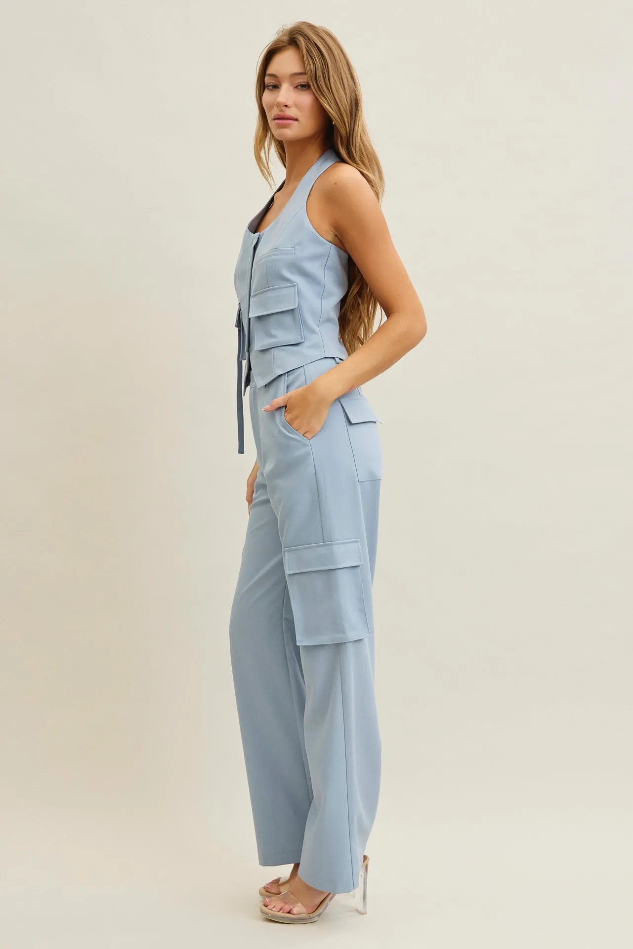 Tomboy Chic Woven Cargo Halter Vest And Pants Set