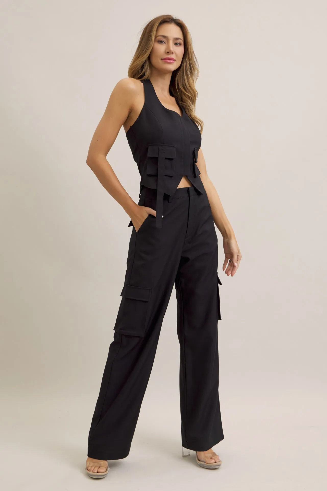 Tomboy Chic Woven Cargo Halter Vest And Pants Set