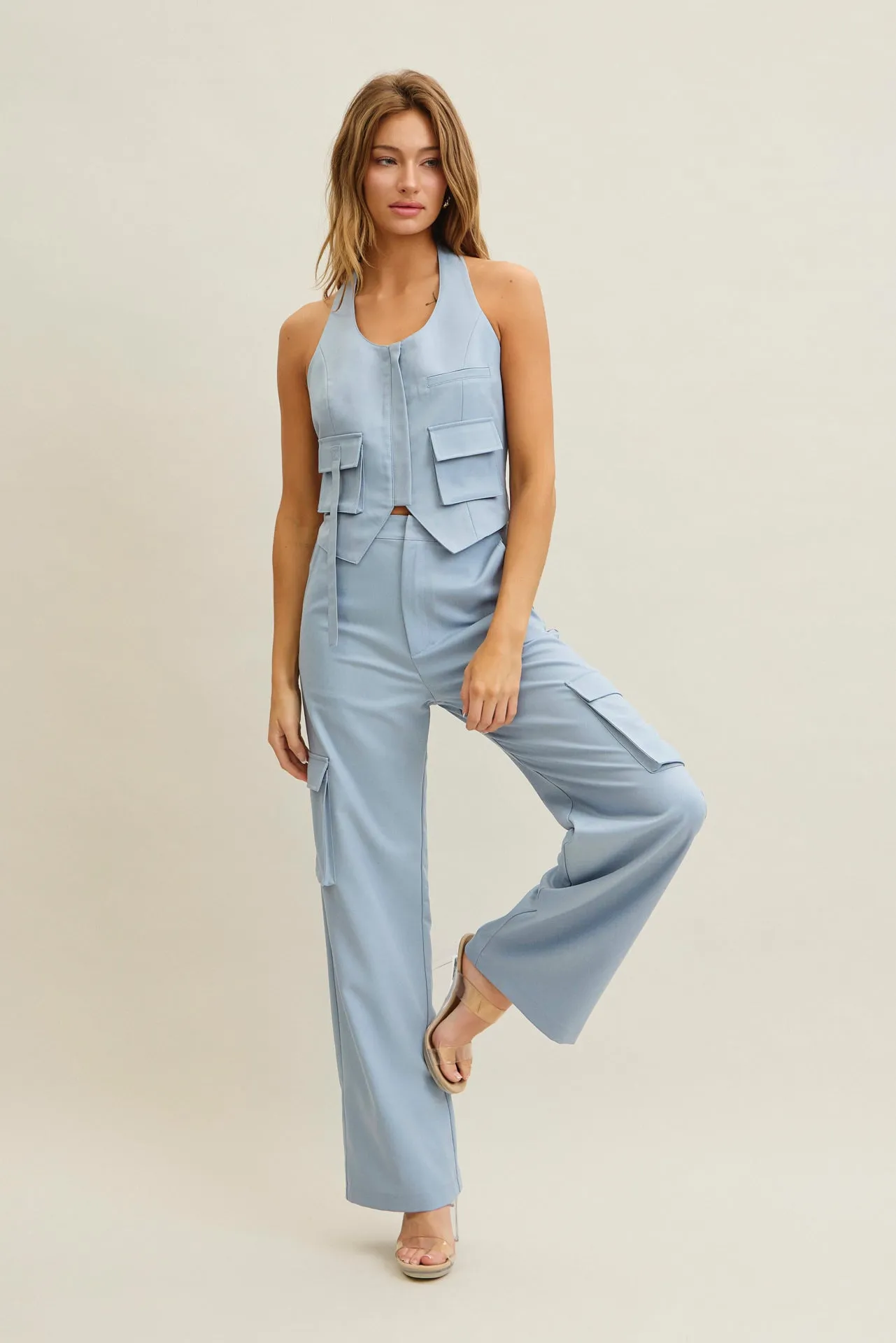 Tomboy Chic Woven Cargo Halter Vest And Pants Set