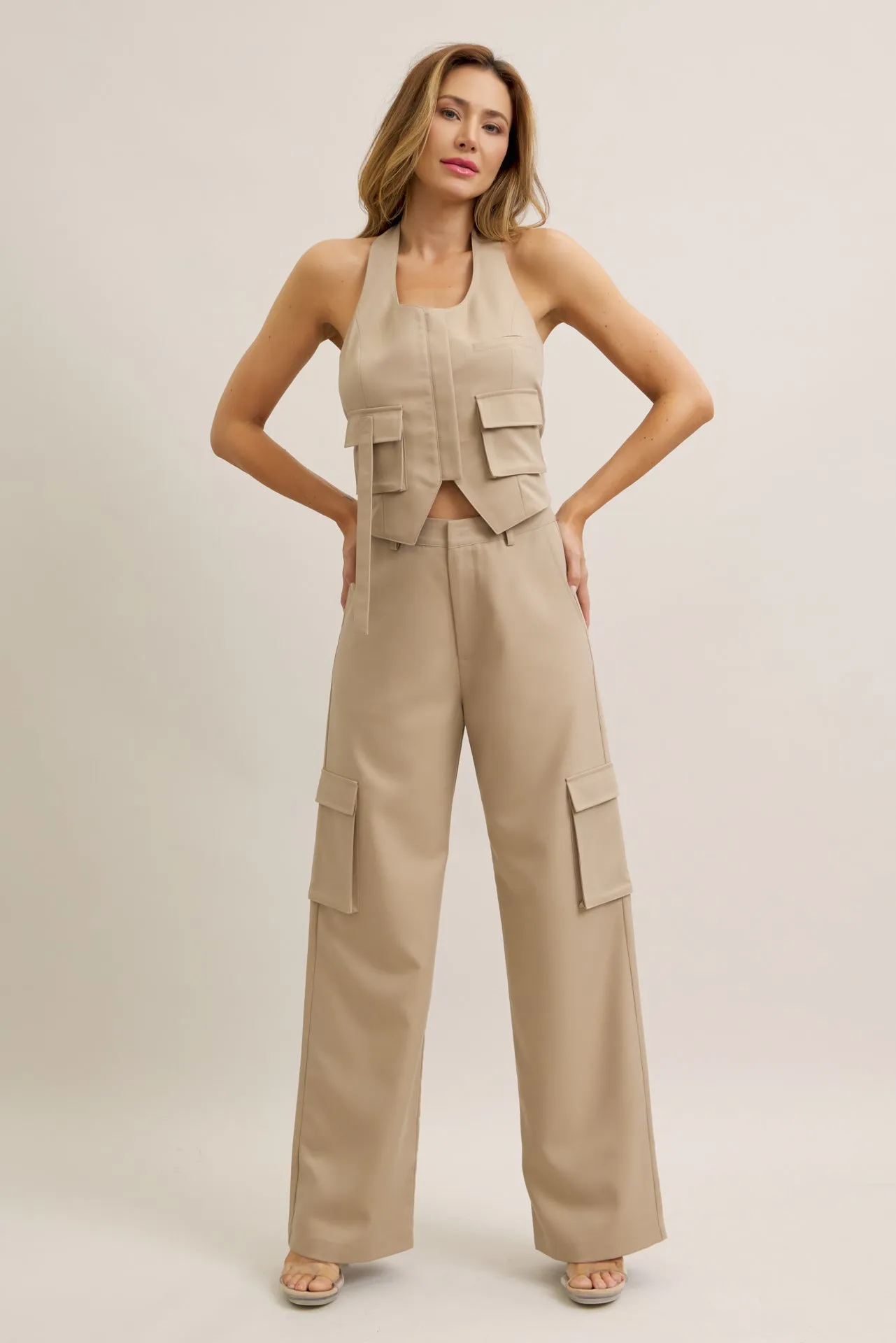 Tomboy Chic Woven Cargo Halter Vest And Pants Set