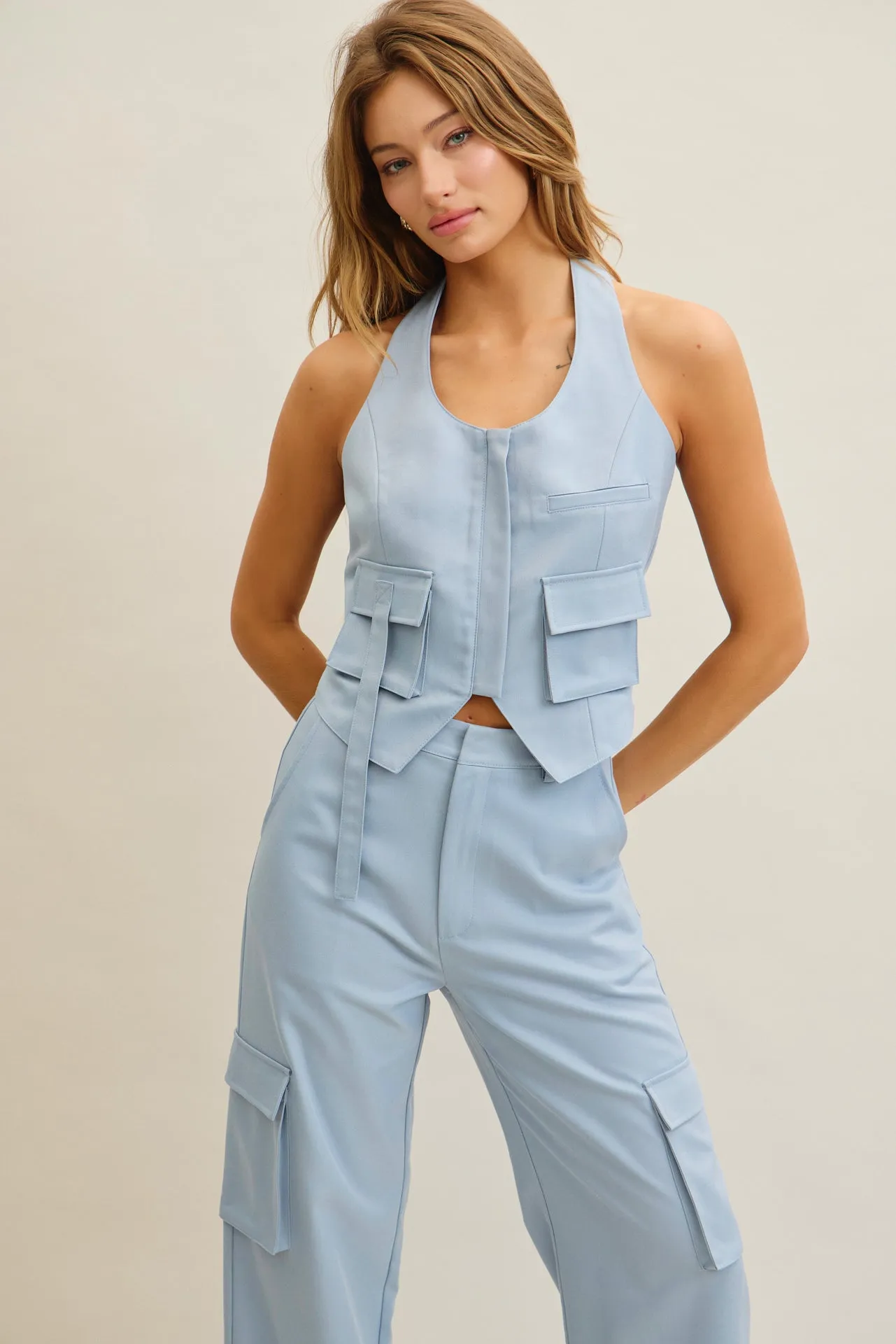 Tomboy Chic Woven Cargo Halter Vest And Pants Set