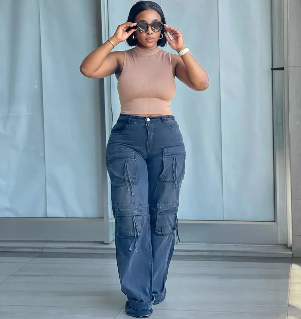 Trendy Wide-Leg High-Waisted Cargo Denim Pants with Utility Details