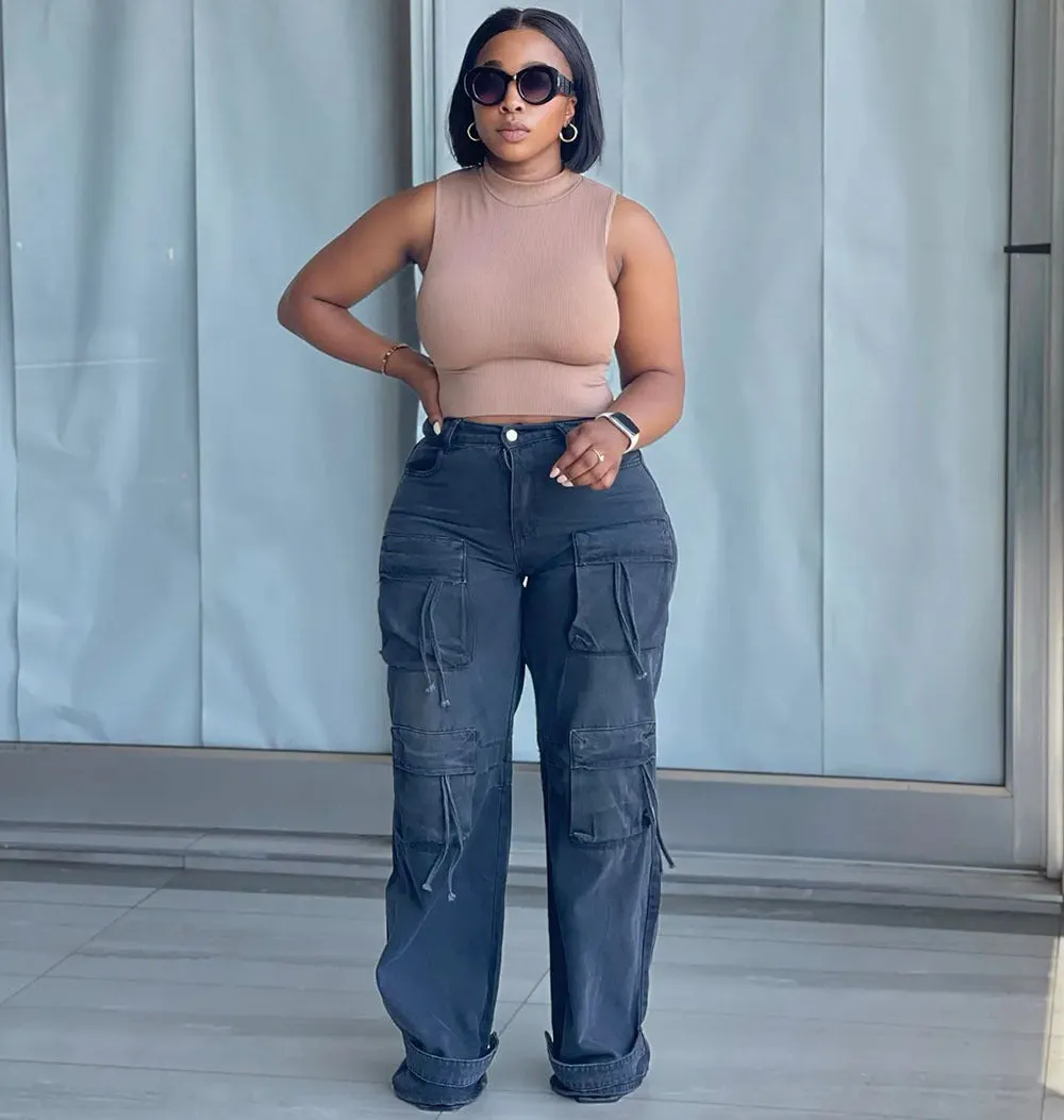 Trendy Wide-Leg High-Waisted Cargo Denim Pants with Utility Details