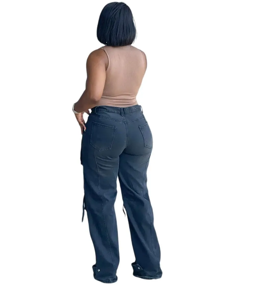 Trendy Wide-Leg High-Waisted Cargo Denim Pants with Utility Details