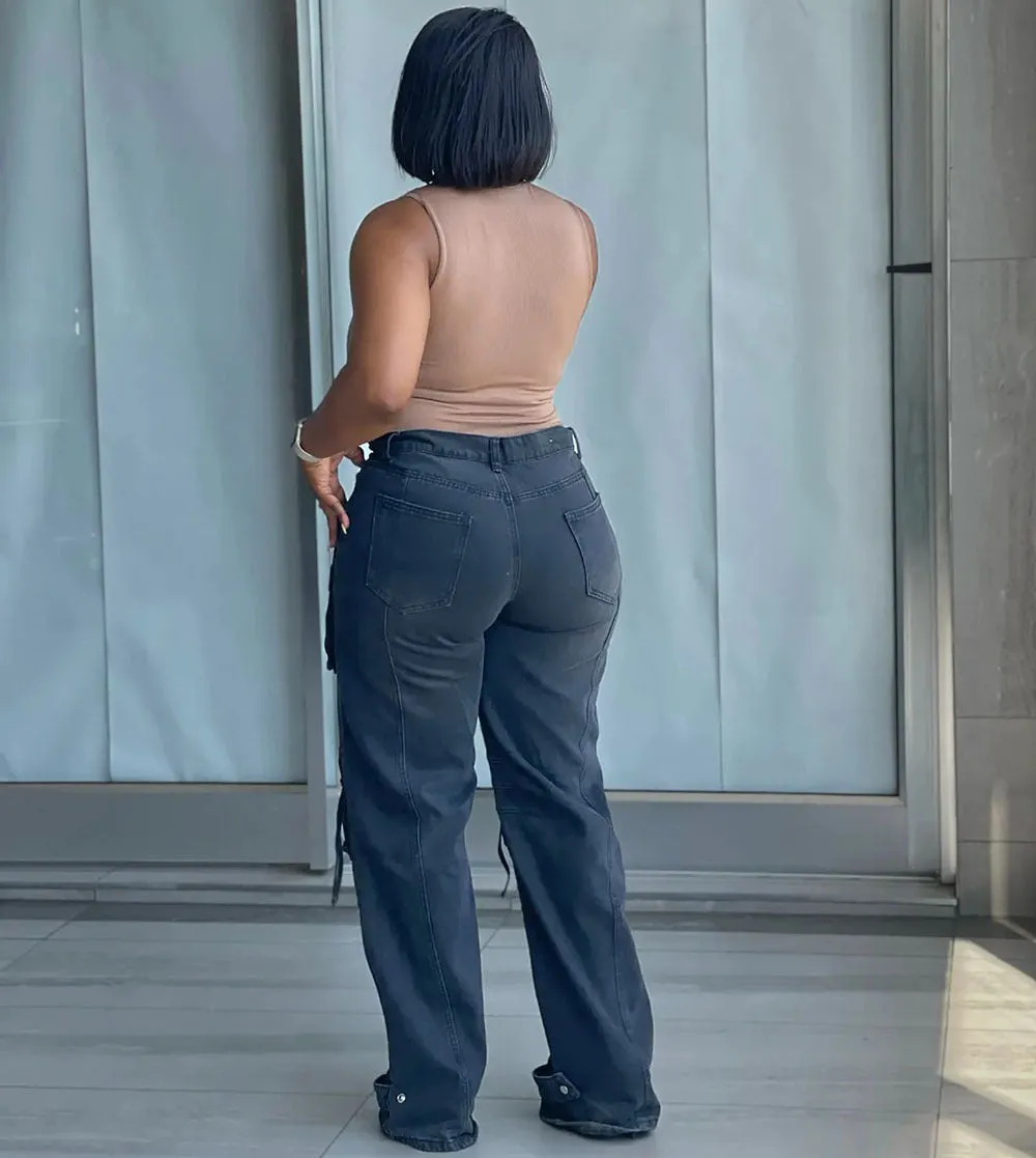 Trendy Wide-Leg High-Waisted Cargo Denim Pants with Utility Details