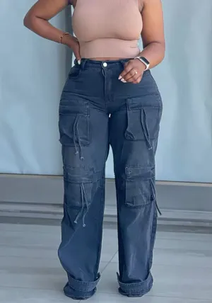 Trendy Wide-Leg High-Waisted Cargo Denim Pants with Utility Details