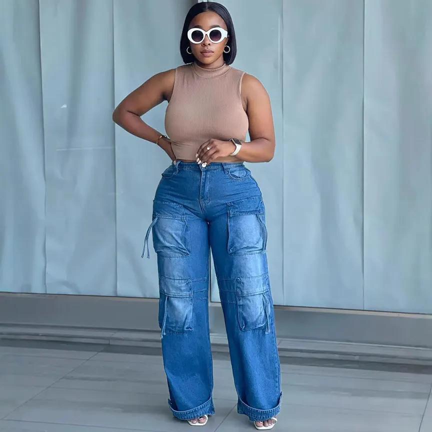 Trendy Wide-Leg High-Waisted Cargo Denim Pants with Utility Details