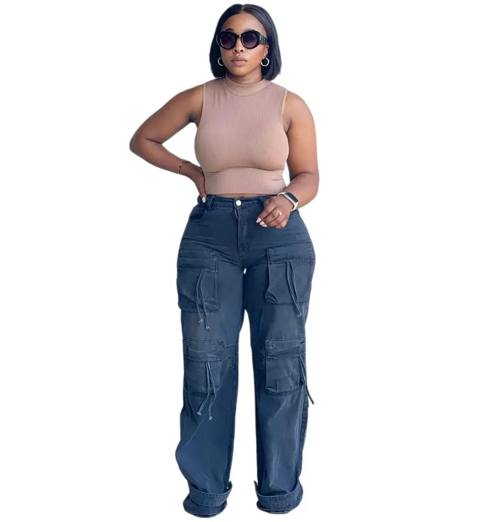 Trendy Wide-Leg High-Waisted Cargo Denim Pants with Utility Details
