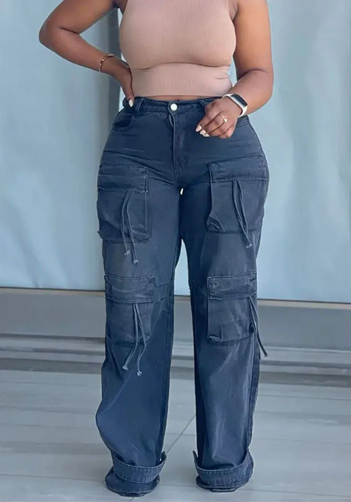 Trendy Wide-Leg High-Waisted Cargo Denim Pants with Utility Details