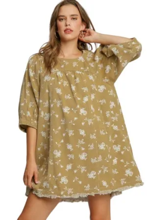 Umgee Raw Hem Floral Print Round Neck Denim Dress