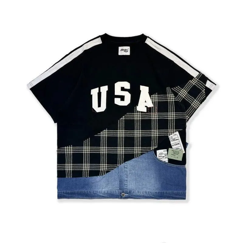 USA Embroidered Tee | Plaid Patchwork Cotton Top