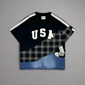 USA Embroidered Tee | Plaid Patchwork Cotton Top