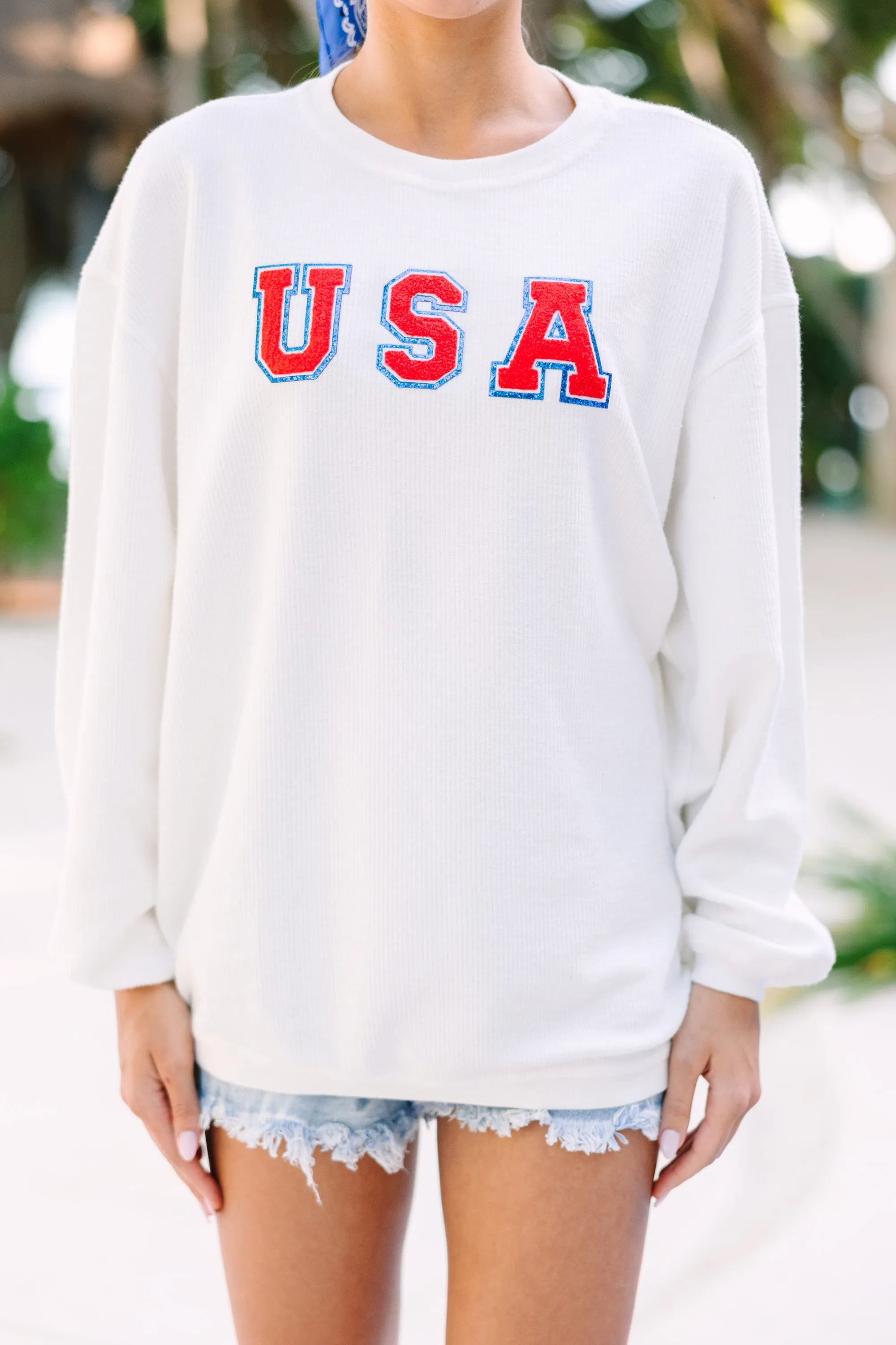 USA Patriotic White Varsity Corded Sweatshirt