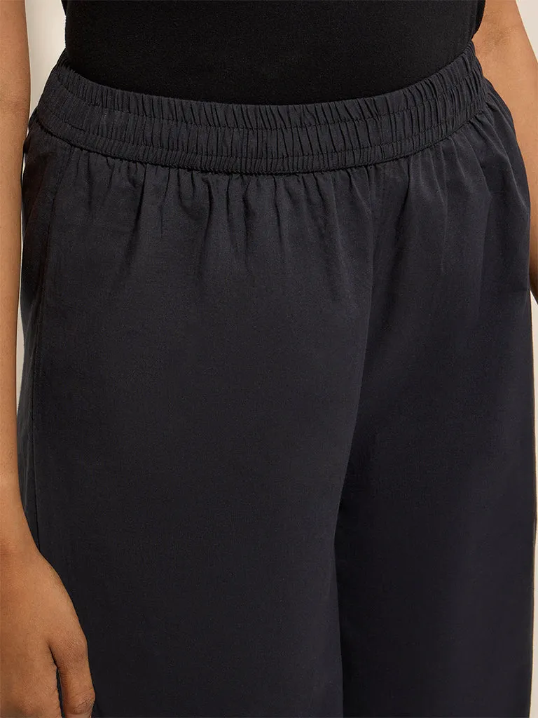 Utsa Black Crochet-Detailed Harem-Style Cotton Pants