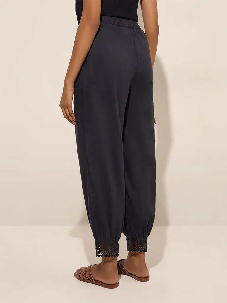Utsa Black Crochet-Detailed Harem-Style Cotton Pants