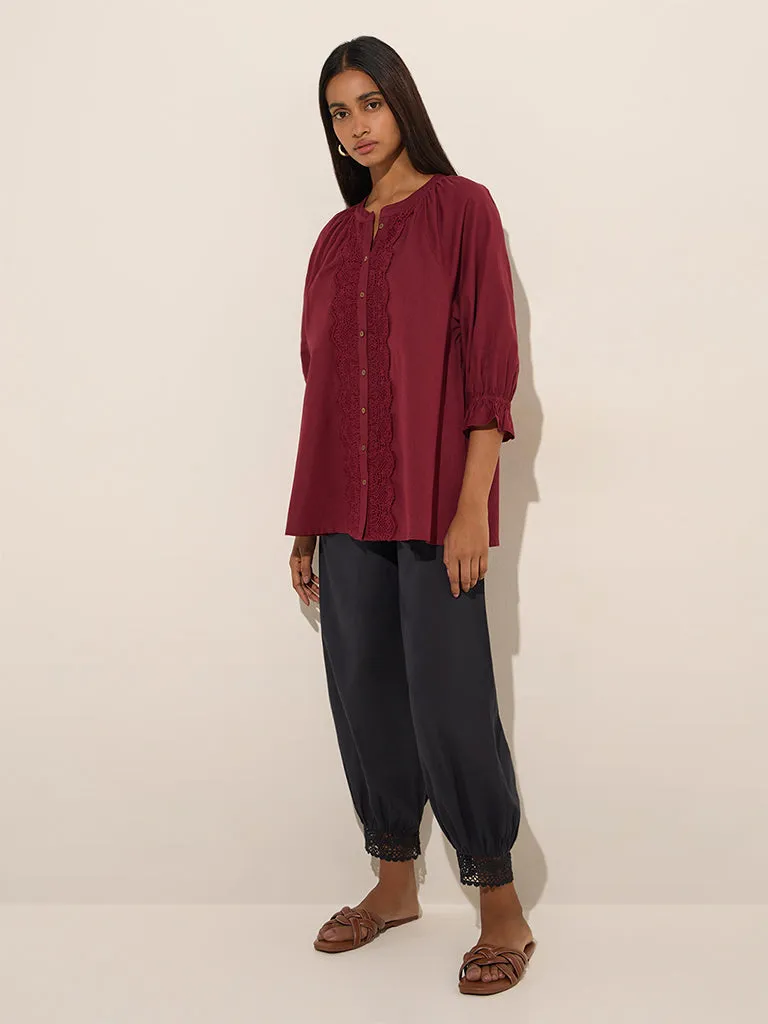 Utsa Black Crochet-Detailed Harem-Style Cotton Pants