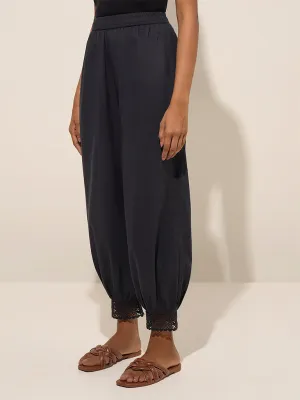 Utsa Black Crochet-Detailed Harem-Style Cotton Pants