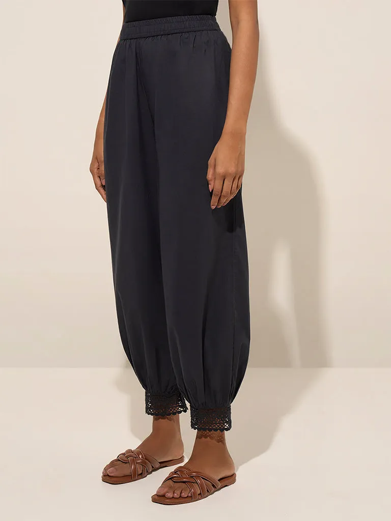 Utsa Black Crochet-Detailed Harem-Style Cotton Pants