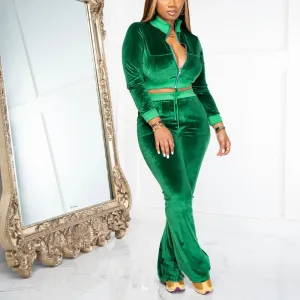 Velvet Long Sleeve Zipper Design Top & Pants Set