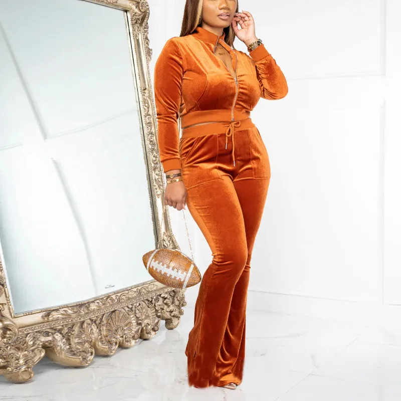 Velvet Long Sleeve Zipper Design Top & Pants Set