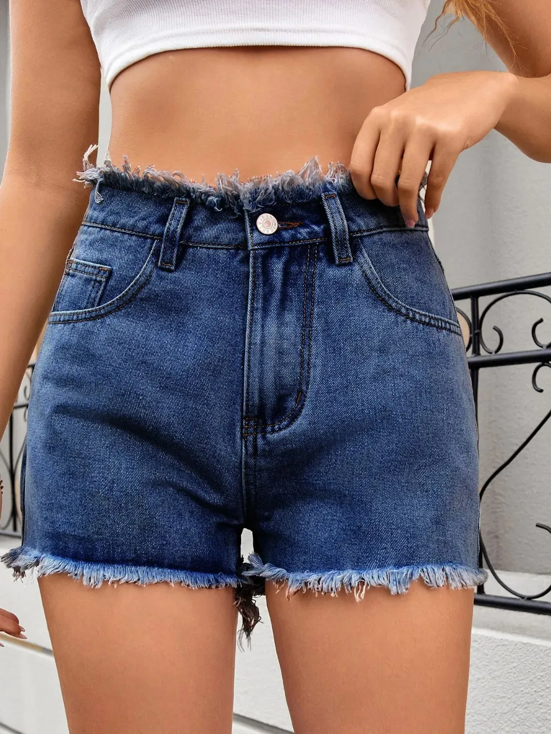 Washed Raw Hem Denim Shorts