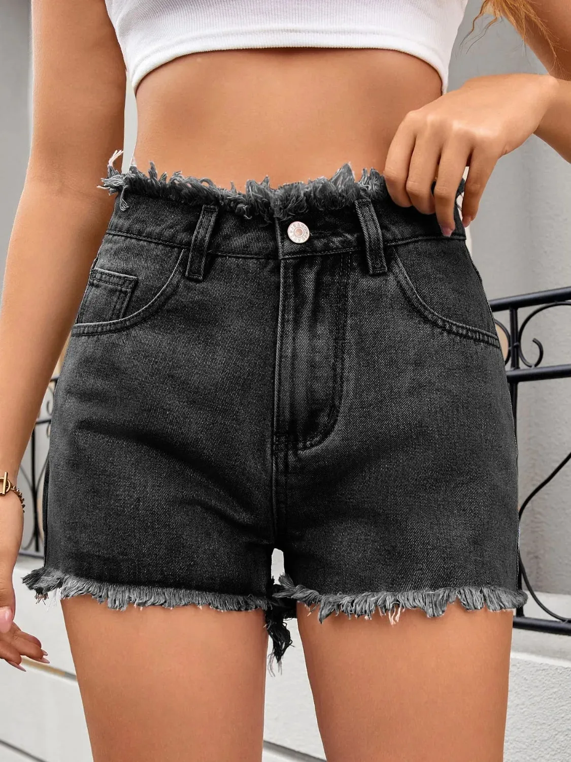 Washed Raw Hem Denim Shorts